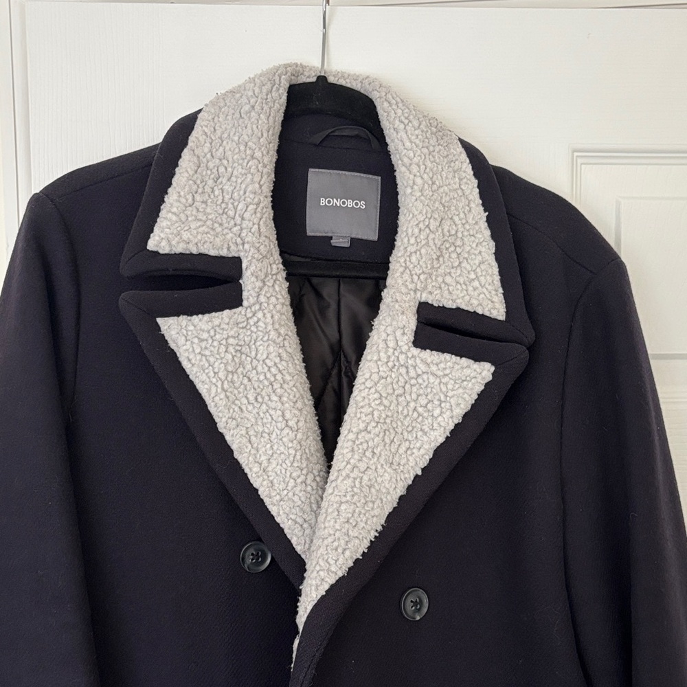Bonobos Navy Pea Coat with Cream Sherpa Collar